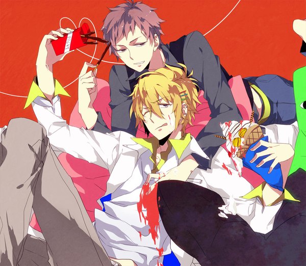 Anime picture 1106x963 with ao no exorcist a-1 pictures shima kinzou shima juuzou sara666 (roentgen666) short hair simple background blonde hair brown hair purple eyes brown eyes one eye closed wink multiple boys piercing reclining red background licking food on face heart of string