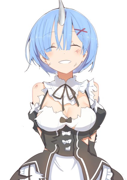 Anime picture 707x1000 with re:zero kara hajimeru isekai seikatsu white fox rem (re:zero) mitu yang single tall image blush fringe short hair breasts open mouth simple background smile large breasts white background bare shoulders blue hair cleavage upper body blunt bangs