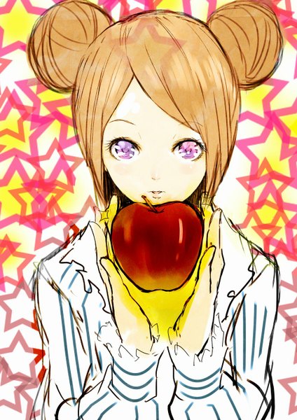 Anime picture 1000x1414 with mawaru penguindrum takakura himari null (artist) single tall image looking at viewer open mouth brown hair purple eyes holding hair bun (hair buns) girl star (symbol) blouse apple hands