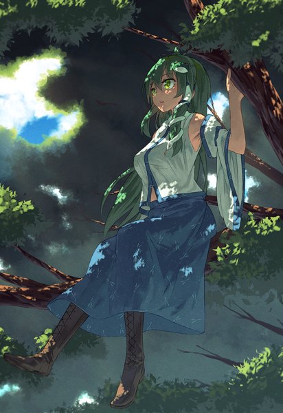 Anime picture 1100x1600 with touhou kochiya sanae ibuki notsu single long hair tall image blush sitting green eyes looking away traditional clothes green hair miko tree sitting girl hair ornament plant (plants) detached sleeves tree (trees) boots