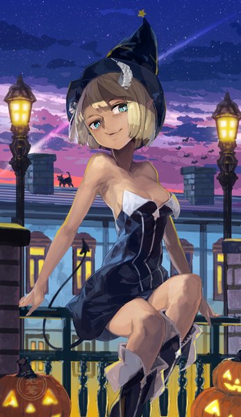 Anime picture 593x1024 with original toro tall image short hair blonde hair sitting bare shoulders tail horn (horns) aqua eyes pointy ears night night sky halloween demon girl demon tail witch girl dress hat