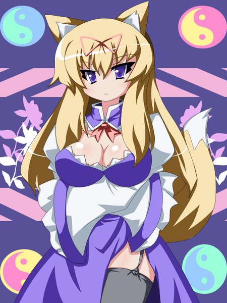 Anime picture 1200x1600 with touhou yakumo yukari oborotsuki kakeru long hair tall image breasts light erotic blonde hair large breasts purple eyes animal ears animal tail girl thighhighs dress black thighhighs