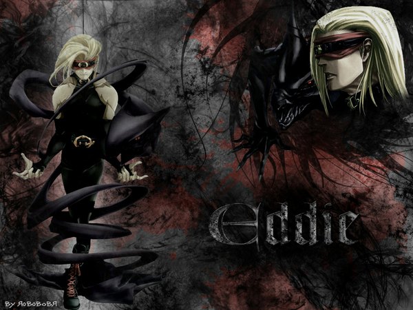 Anime picture 1024x768 with guilty gear eddie zato-1 robobobr long hair blonde hair bare shoulders signed character names multiview third-party edit blindfold boy creature