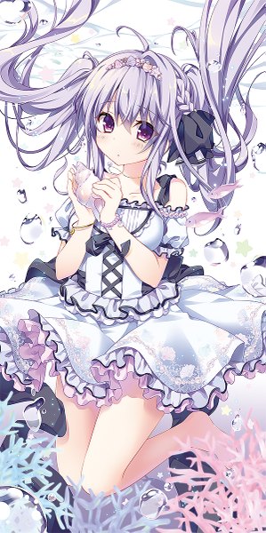 Anime picture 599x1200 with original kino (kino konomi) long hair tall image looking at viewer blush fringe purple eyes twintails bare shoulders purple hair bent knee (knees) braid (braids) bare legs no shoes underwater girl hair ornament bow hair bow