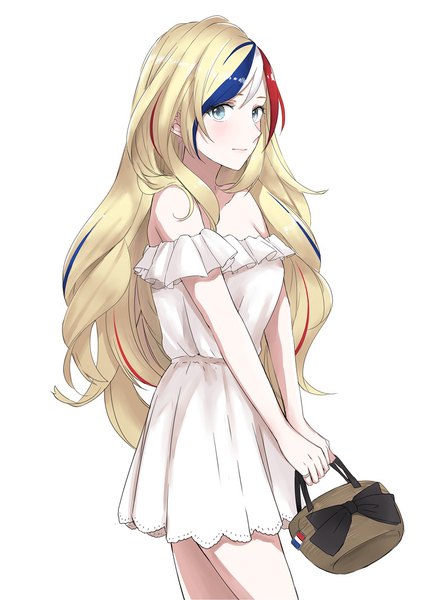 Anime picture 753x1063 with kantai collection commandant teste (kantai collection) morinaga (harumori) single long hair tall image looking at viewer blush blue eyes simple background blonde hair white background bare shoulders multicolored hair streaked hair girl dress white dress bag