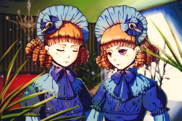 Anime picture 1000x667 with original roxiee-chan (artist) short hair brown hair multiple girls eyes closed mole mole under eye heterochromia drill hair siblings twins sisters girl dress 2 girls plant (plants) frills bonnet
