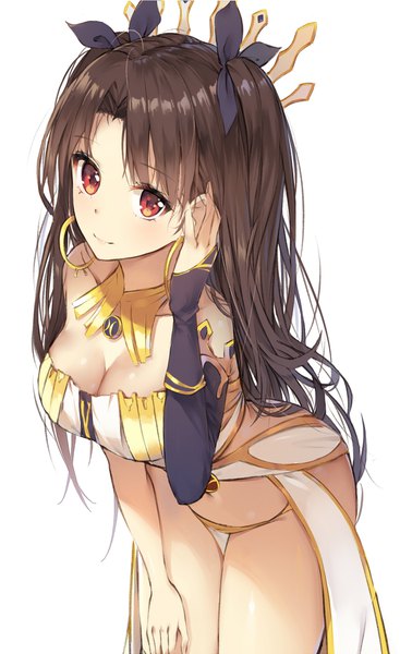 Anime picture 1200x1960 with fate (series) fate/grand order ishtar (fate) rikoma single long hair tall image looking at viewer blush fringe breasts light erotic simple background smile red eyes brown hair large breasts standing white background leaning