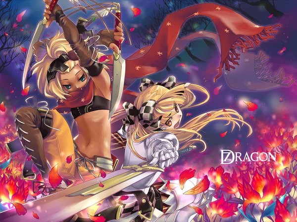 Anime picture 1050x787 with 7th dragon rogue (7th dragon) knight (7th dragon) nyoro ri blonde hair twintails dark skin flower (flowers) sword scarf armor red scarf