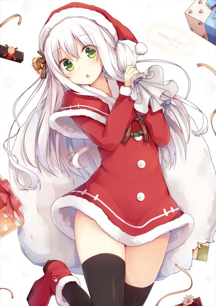 Anime picture 2507x3541 with original mitoko (tsuchikure) tsuchikure (3105mitoko) single long hair tall image looking at viewer blush fringe highres open mouth white background green eyes bent knee (knees) white hair long sleeves head tilt zettai ryouiki fur trim christmas