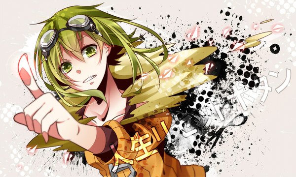 Anime picture 1500x900 with vocaloid gumi nou single short hair wide image green eyes green hair girl glasses jacket goggles