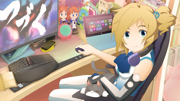 Anime picture 1920x1080 with os-tan windows (operating system) internet explorer aizawa inori zi rong single looking at viewer highres short hair blue eyes blonde hair wide image ahoge ponytail light smile official art side ponytail girl dress gloves
