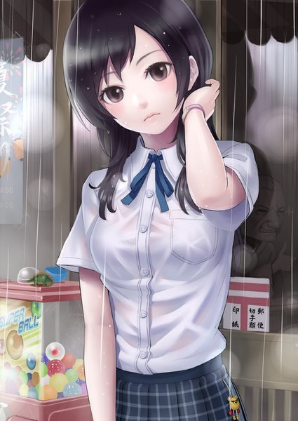 Anime picture 708x1000 with original k+ single long hair tall image looking at viewer black hair brown eyes rain girl uniform school uniform shirt