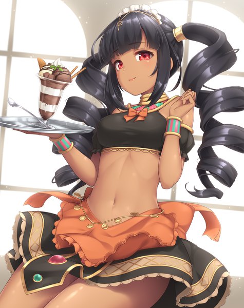 Anime picture 950x1200 with original sasaame single long hair tall image looking at viewer blush fringe light erotic black hair smile red eyes standing twintails holding payot blunt bangs puffy sleeves dark skin drill hair