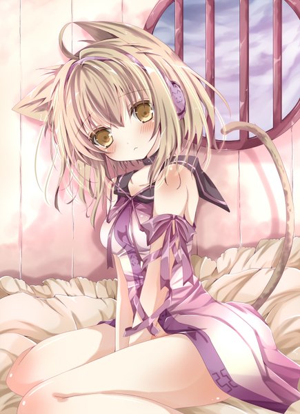 Anime picture 1200x1654 with touhou toyosatomimi no miko nanase nao single tall image looking at viewer blush short hair brown hair bare shoulders animal ears yellow eyes ahoge cat ears cat tail girl dress ribbon (ribbons) headphones