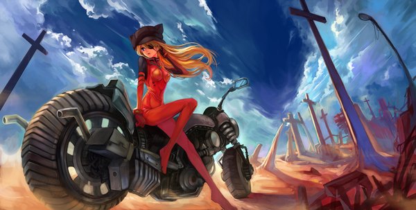 Anime picture 2135x1080 with neon genesis evangelion rebuild of evangelion evangelion: 3.0 you can (not) redo gainax soryu asuka langley shikinami asuka langley summercards single long hair highres blue eyes wide image sitting looking away sky cloud (clouds) wind orange hair girl hat