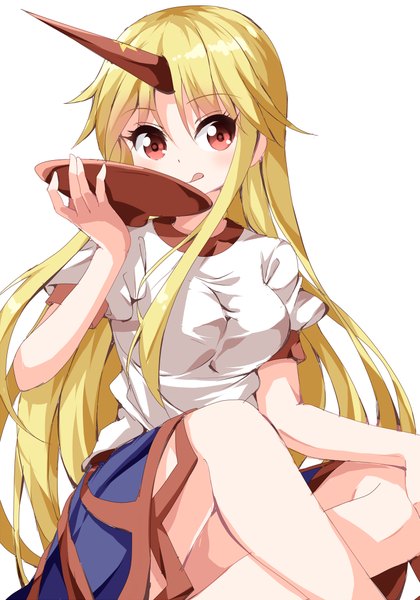 Anime picture 700x1000 with touhou hoshiguma yuugi ruu (tksymkw) single long hair tall image breasts simple background blonde hair red eyes large breasts white background sitting looking away horn (horns) crossed legs oni horns girl skirt tongue