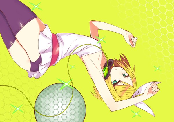 Anime picture 1414x1000 with vocaloid kagamine rin chan co single short hair light erotic blonde hair simple background green eyes pantyshot yellow background girl thighhighs black thighhighs