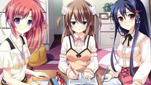 Anime picture 1920x1080 with mote sugite shuraba na ore (game) kuonji aoi hagiwara hinano katakura saki sayori chiri (atlanta) yuuki rika long hair looking at viewer highres blue eyes smile brown hair wide image purple eyes bare shoulders multiple girls brown eyes blue hair game cg