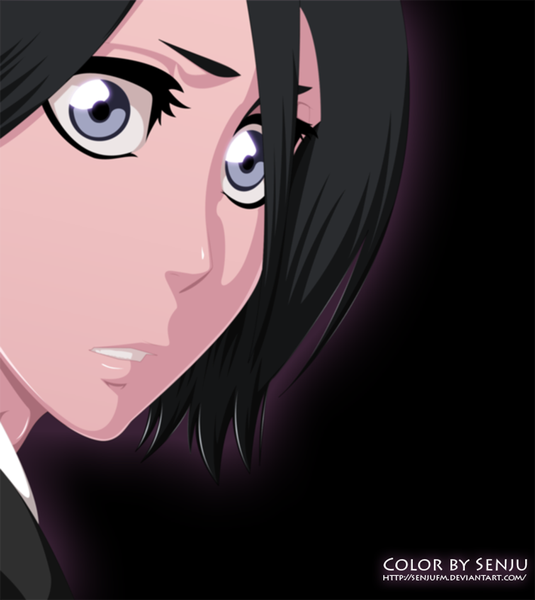 Anime picture 1024x1147 with bleach studio pierrot kuchiki rukia senjufm single tall image short hair black hair purple eyes coloring black background close-up face girl