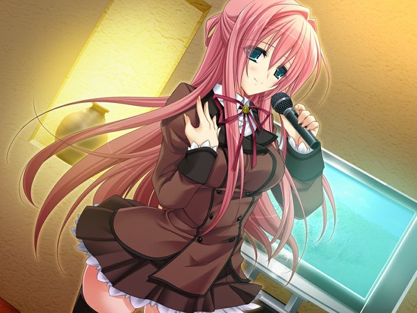Anime picture 1024x768 with long hair green eyes pink hair game cg girl serafuku microphone