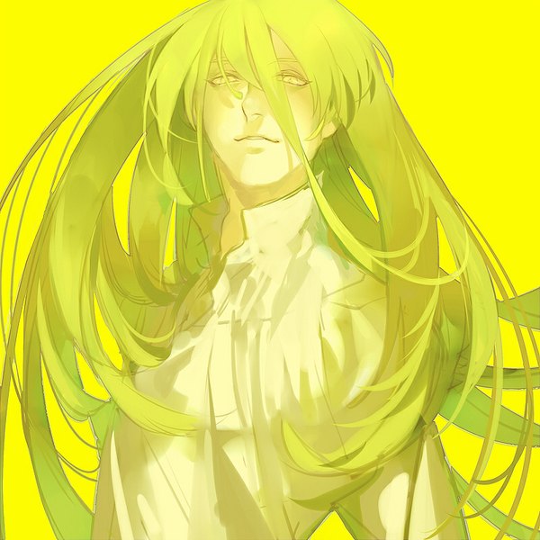 Anime picture 800x800 with fate (series) fate/strange fake type-moon enkidu (fate) coralstone single long hair looking at viewer simple background green eyes green hair light smile open collar yellow background androgynous boy shirt white shirt