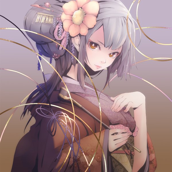 Anime picture 1200x1200 with original plastick single long hair looking at viewer fringe simple background brown eyes traditional clothes head tilt japanese clothes hair flower fingernails lips wide sleeves eyeshadow girl hair ornament flower (flowers) kimono