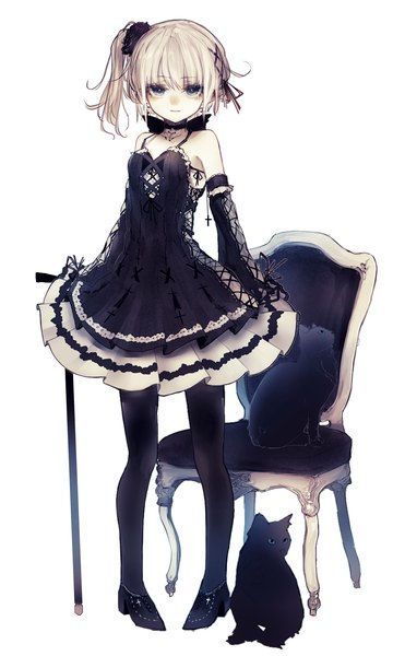 Anime picture 928x1544 with original riuichi single long hair tall image looking at viewer fringe simple background blonde hair hair between eyes standing white background bare shoulders full body grey eyes side ponytail lolita fashion goth-loli gothic girl