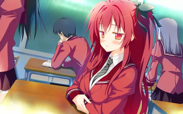 Anime picture 2048x1280 with astralair no shiroki towa tachibana ochiba long hair looking at viewer blush highres red eyes game cg red hair one side up girl uniform bow hair bow school uniform desk