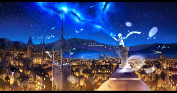 Anime picture 1400x735 with original myhilary short hair wide image signed white hair night night sky city cityscape mountain shooting star boy animal water scarf bird (birds) moon star (stars) sweater