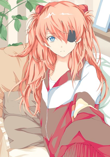 Anime picture 969x1370 with neon genesis evangelion gainax soryu asuka langley innocence (artist) single tall image looking at viewer fringe blue eyes sitting twintails orange hair short twintails girl jacket pillow leaf (leaves) eyepatch