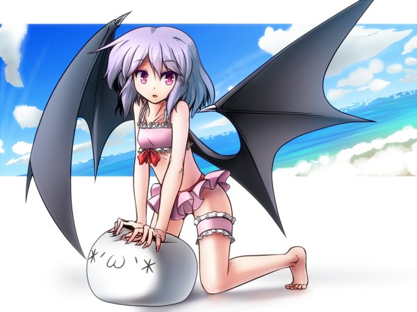Anime picture 1200x900 with touhou remilia scarlet kimagure ringo (artist) single short hair bare shoulders purple hair pink eyes barefoot kneeling girl swimsuit wings frills