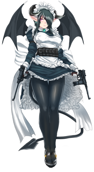 Anime picture 650x1189 with original panzer single tall image blush fringe short hair black hair simple background standing white background holding tail pink eyes horn (horns) pointy ears hair over one eye from below maid demon girl