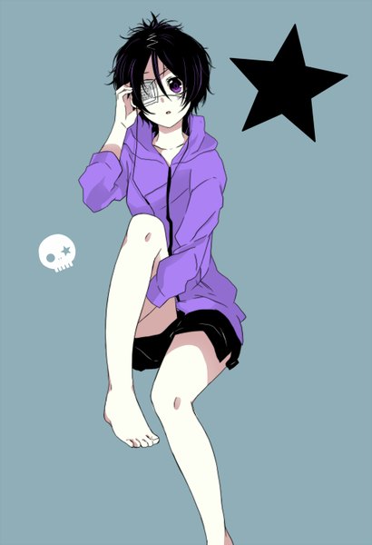 Anime picture 1025x1500 with katekyou hitman reborn chrome dokuro yuutera miko tall image short hair black hair simple background purple eyes barefoot grey background vongola family girl shorts headphones star (symbol) eyepatch skull wire (wires)