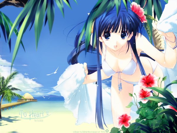 Anime picture 1600x1200 with to heart 2 leaf (studio) kusakabe yuuki (to heart 2) nakamura takeshi fightgirl (semanga) single long hair looking at viewer fringe open mouth blue eyes light erotic standing blue hair sky cloud (clouds) outdoors blunt bangs :d hair flower
