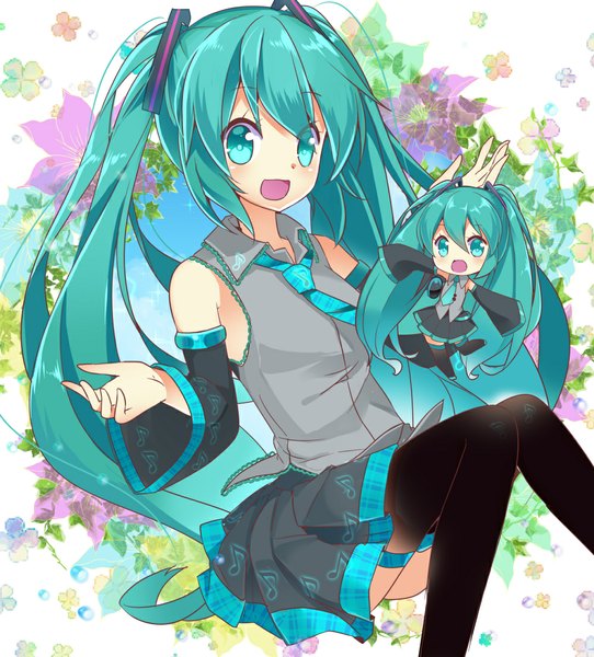 Anime picture 1000x1107 with vocaloid hatsune miku nyori long hair tall image looking at viewer blush open mouth smile twintails multiple girls long sleeves aqua eyes aqua hair chibi dual persona girl thighhighs flower (flowers) black thighhighs