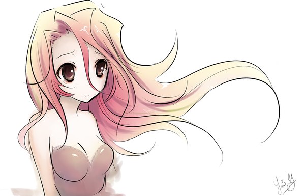 Anime picture 2800x1800 with original ohhlenai single long hair highres breasts simple background blonde hair white background bare shoulders looking away cleavage black eyes tears sad girl