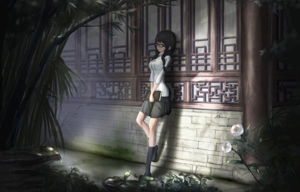 Anime picture 1800x1153 with original kikivi single long hair looking at viewer highres black hair smile twintails night against wall girl skirt uniform hair ornament flower (flowers) plant (plants) school uniform shirt tree (trees)