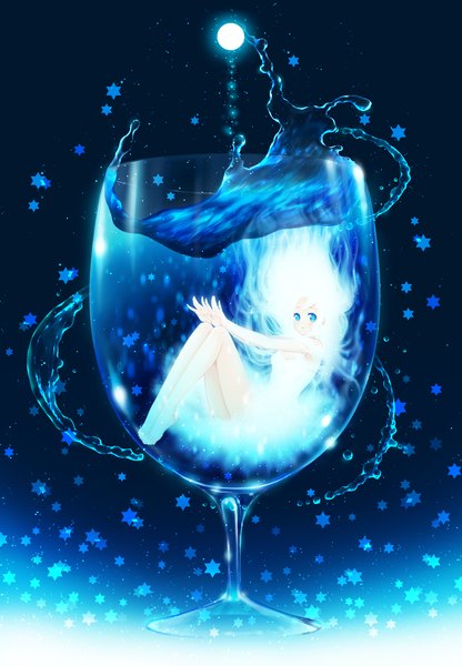 Anime picture 1040x1500 with original yuuno (yukioka) single long hair tall image looking at viewer blue eyes white hair in container girl star (symbol) sundress wine glass