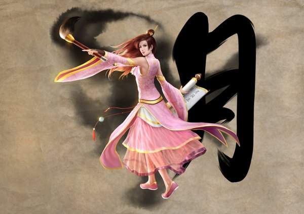 Anime picture 1600x1132 with autumn dynasty yue (autumn dynasty) chrisnfy85 single long hair simple background brown hair looking back hair flower black eyes hieroglyph chinese clothes girl hair ornament detached sleeves chinese dress paintbrush calligraphy brush scroll