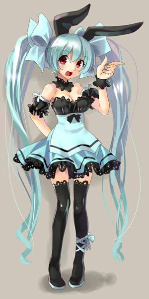 Anime picture 500x1000 with original katahira masashi single tall image looking at viewer blush open mouth simple background red eyes animal ears cleavage very long hair bunny ears fake animal ears arm behind back girl dress bow hair bow boots