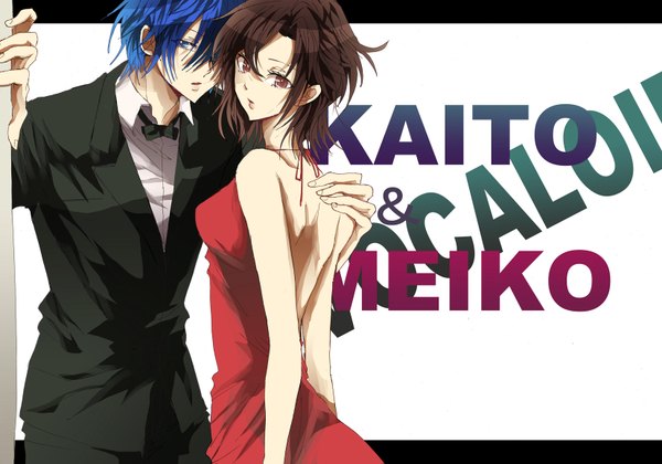 Anime picture 1654x1159 with vocaloid kaito (vocaloid) meiko yuki (fuguneko) short hair blue eyes brown hair bare shoulders brown eyes blue hair inscription couple sleeveless back girl dress boy bowtie suit red dress