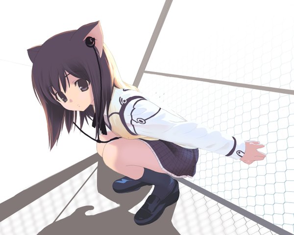 Anime picture 1280x1024 with houmitsu brown hair brown eyes animal ears full body cat girl girl skirt headphones fence