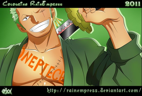 Anime picture 1500x1022 with one piece toei animation roronoa zoro rainempress single short hair smile japanese clothes one eye closed green hair wink black eyes grin piercing coloring portrait scar muscle green background boy