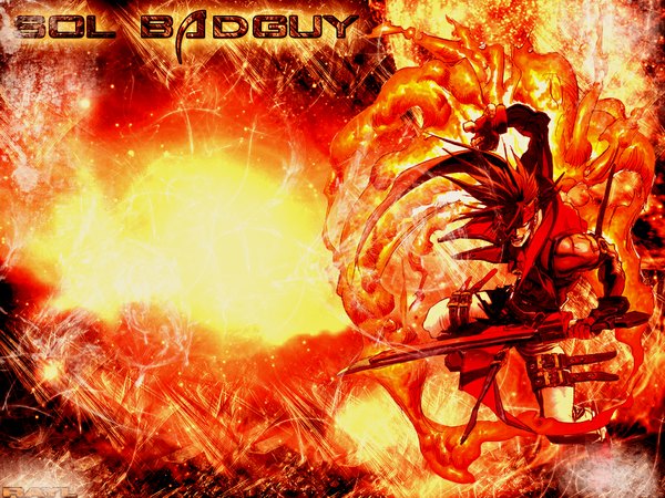 Anime picture 1024x768 with guilty gear sol badguy single long hair open mouth red background angry explosion boy gloves weapon fire