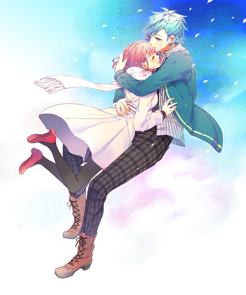 Anime picture 1300x1564 with uta no prince-sama a-1 pictures nanami haruka (uta no prince-sama) mikaze ai miyukiko tall image short hair smile holding pink hair sky cloud (clouds) bent knee (knees) eyes closed profile aqua eyes aqua hair hug happy striped