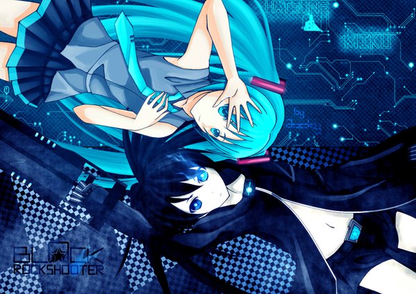 Anime picture 1748x1240 with black rock shooter vocaloid hatsune miku black rock shooter (character) tagme (artist) long hair highres blue eyes black hair multiple girls lying aqua eyes aqua hair inscription open clothes open shirt glowing blue background glowing eye (eyes) checkered background