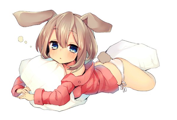 Anime picture 2039x1378 with original nachiru single looking at viewer blush fringe highres short hair blue eyes light erotic simple background blonde hair hair between eyes white background animal ears full body tail lying parted lips animal tail