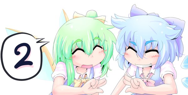 Anime picture 1322x670 with touhou cirno daiyousei aoihitsuji long hair fringe short hair open mouth simple background smile hair between eyes wide image white background multiple girls blue hair upper body eyes closed green hair short sleeves puffy sleeves