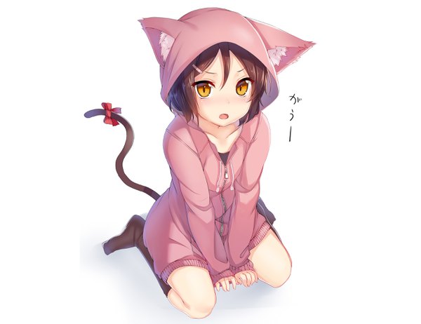 Anime picture 2520x1941 with original peroperoairu single looking at viewer blush highres short hair open mouth simple background brown hair white background sitting animal ears yellow eyes full body tail animal tail from above cat ears cat girl