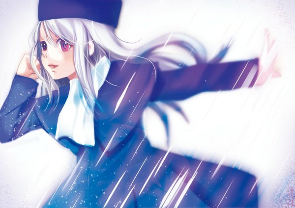 Anime picture 1169x827 with fate (series) fate/stay night studio deen type-moon illyasviel von einzbern single long hair blush open mouth red eyes silver hair loli starry sky print space print fur hat girl hat coat cap winter clothes